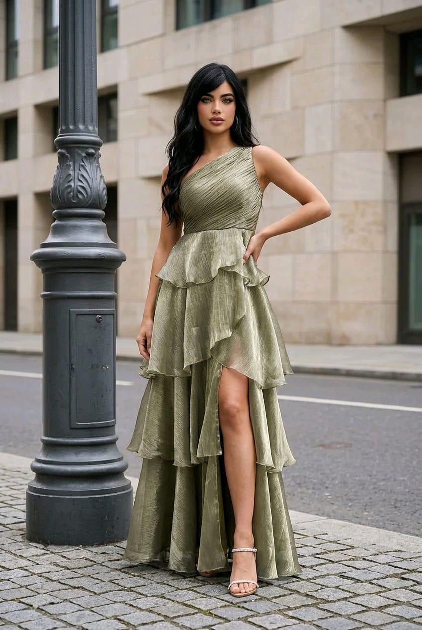 Vestido de un hombro y falda de olanes