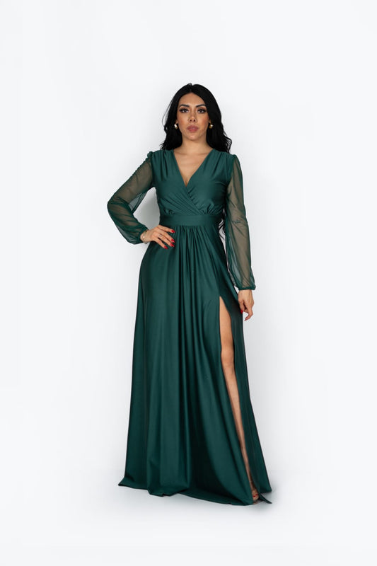 Vestido de manga larga en tul y escote V