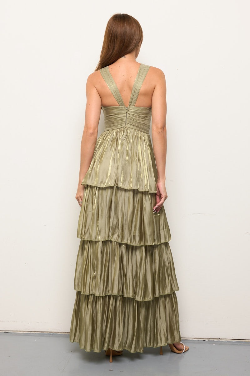 Vestido olivo metálico de cuello halter