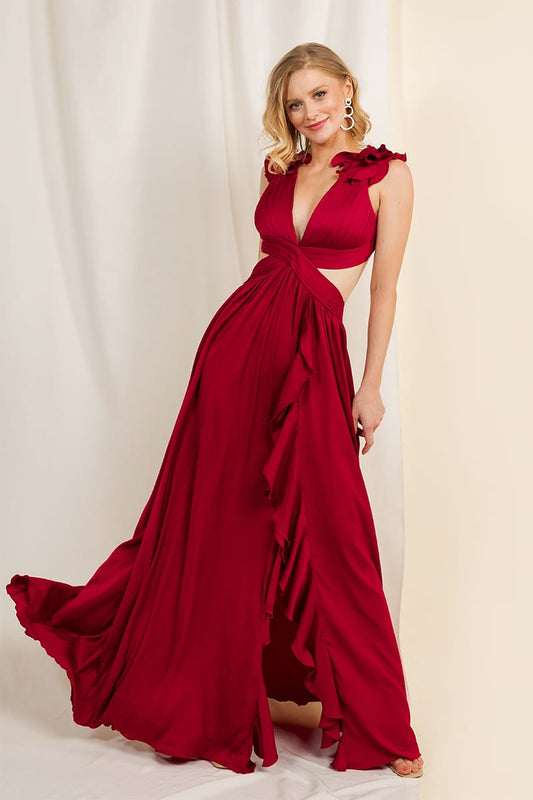 Vestido con olanes en manga y abertura en falda