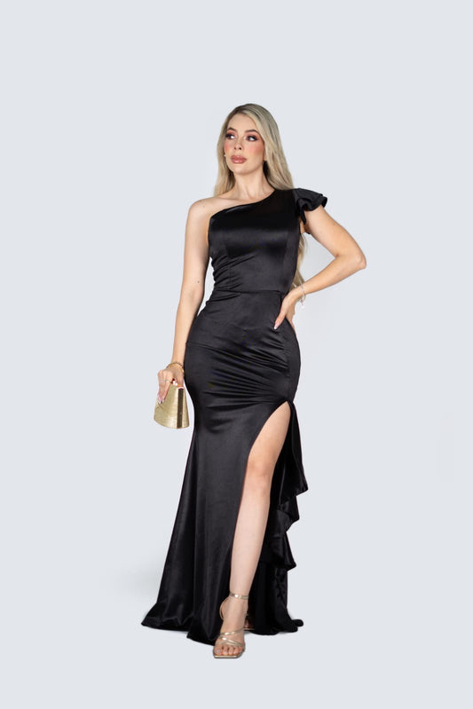 Vestido stretch con un hombro y abertura en falda con olanes