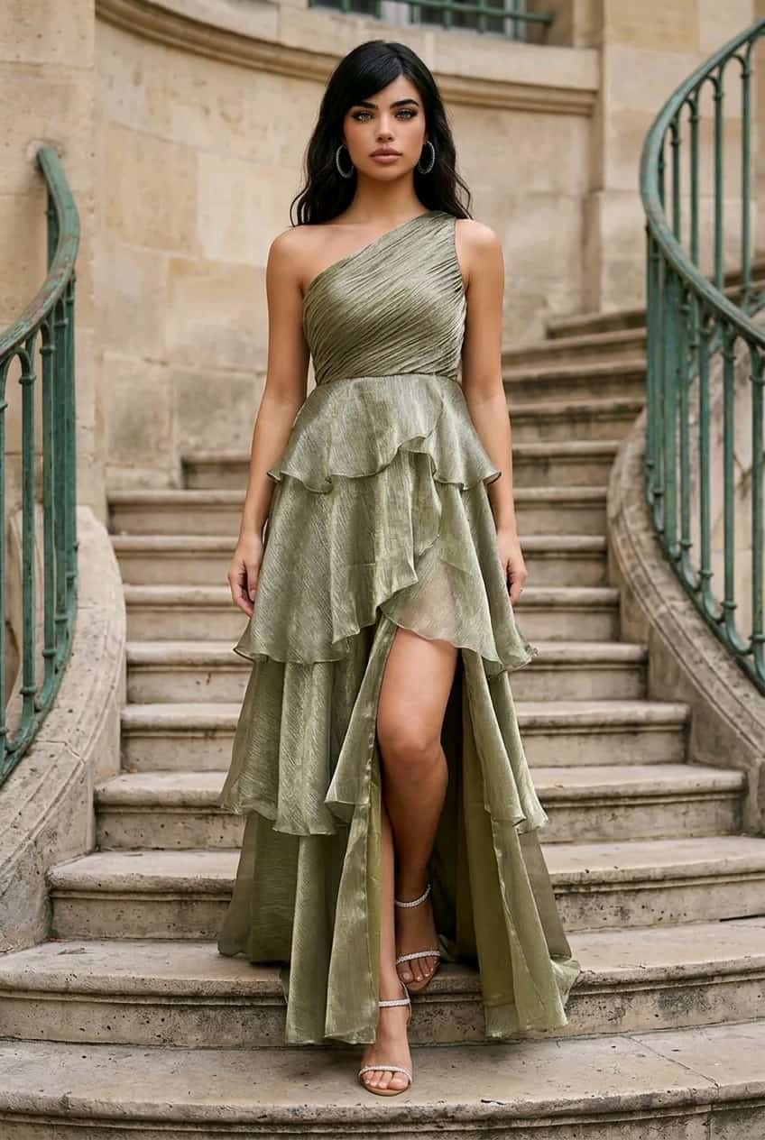 Vestido de un hombro y falda de olanes