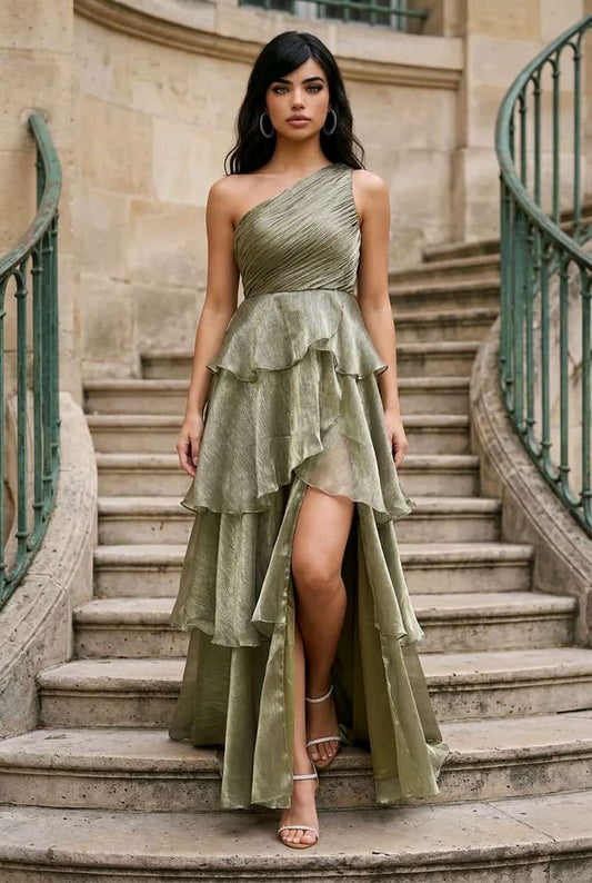 Vestido de un hombro y falda de olanes