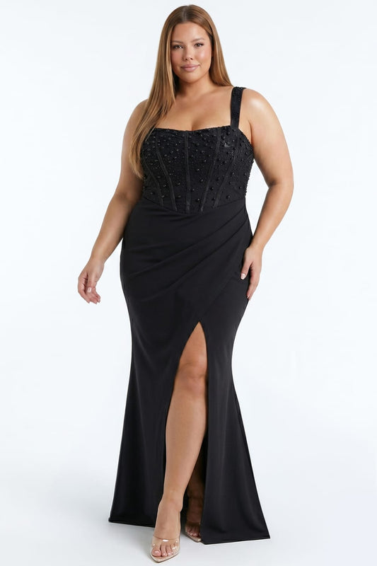 Vestido de tirantes con top de perlas PLUS