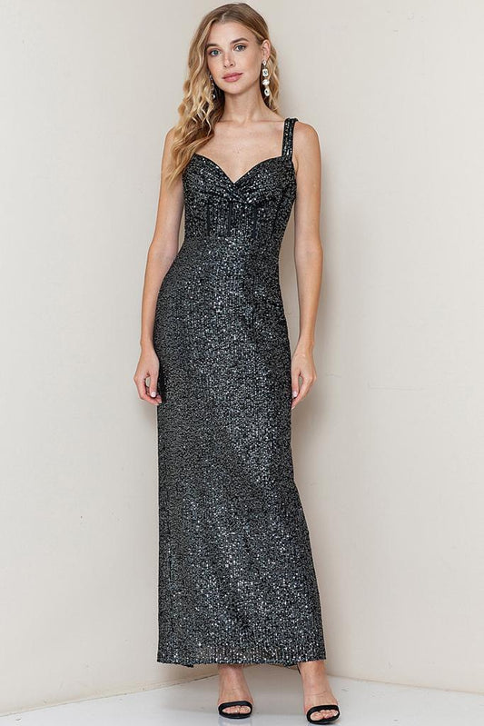 Vestido midi con lentejuela y abertura en falda